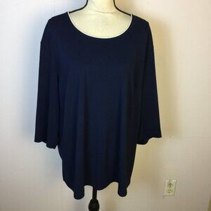 Maggie Barnes Blouse Top 2XP Womans Plus Petite Navy Knit 3/4 Sleeve White Trim